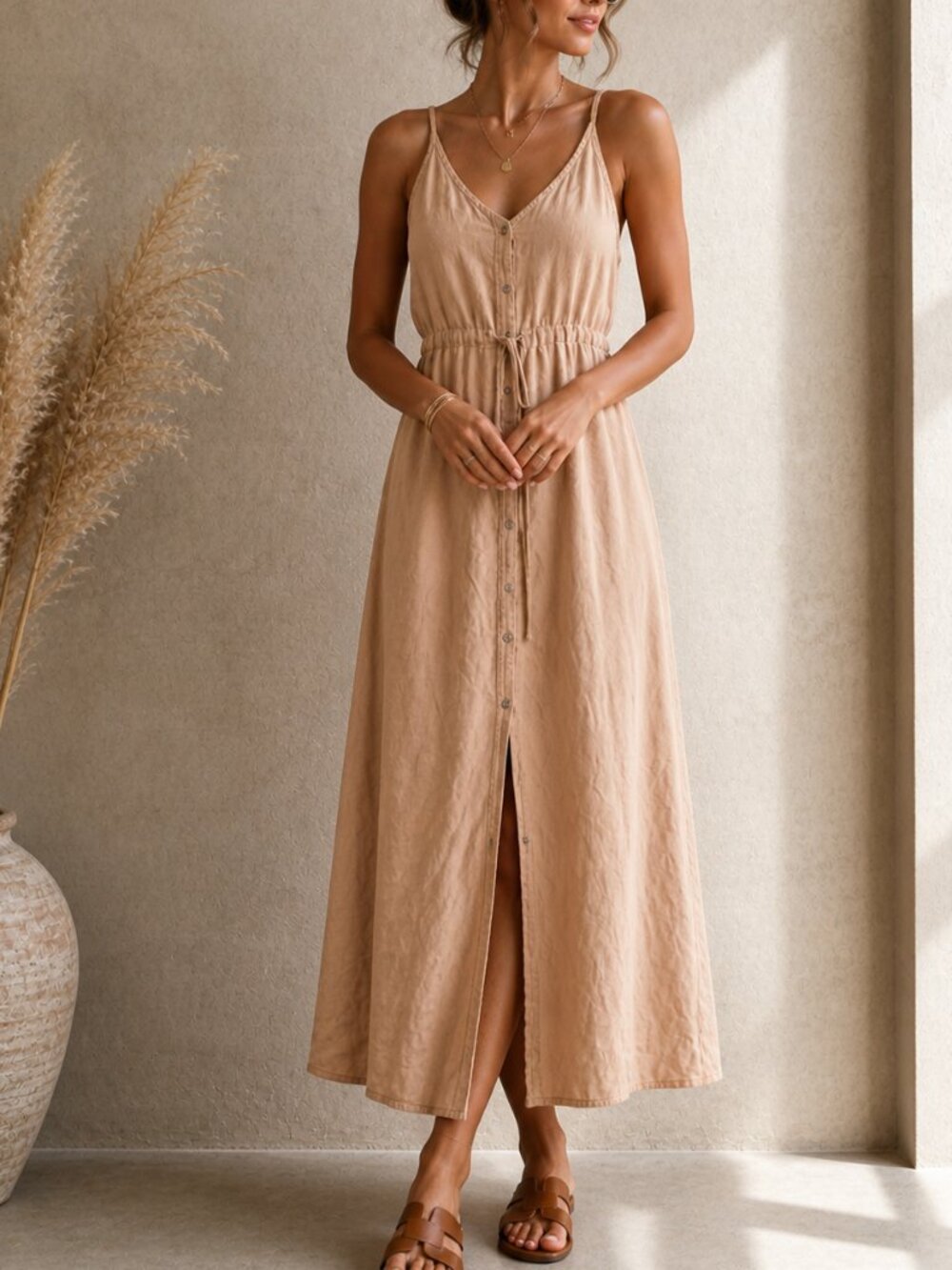 Bella Dahl 100% Linen Midi Dress XS Coral Button Front Boho Summer Minimal Coast